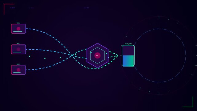 A digital data pipeline animation displays abstract nodes flowing through neon conduits towards a vertical storage chamber within a dark virtual networking environment space interface