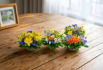 Obraz premium Spring floral arrangements for home decor and celebration, colorful potted flowers on a rustic wooden table indoors