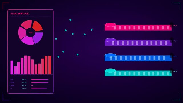 A digital data pipeline shows cycling interface elements with glowing neon bars and circular charts pulsing rhythmically across three vertical panels within a dark computer interface