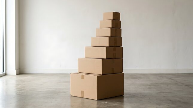 A stack of cardboard boxes in an empty room with a window