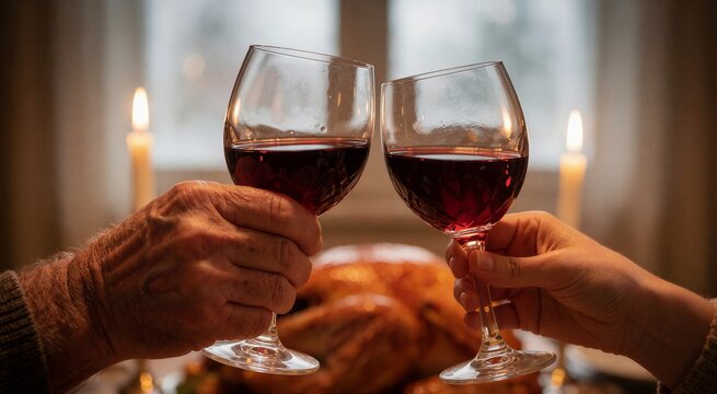Family Christmas dinner moment captured as an older hand toasts a younger hand over a festive meal, illuminated by warm candlelight.