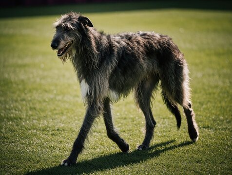 Large Scottish Deerhound trots on green grass field. Tall grey sighthound walks during dog show competition. Long haired canine pet moves fast in outdoor park. Purebred hunting dog shows elegant gait