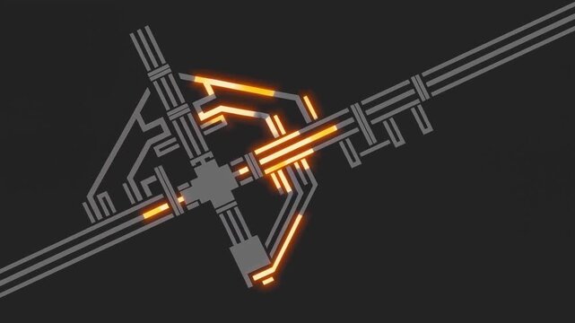 Glowing orange circuit traces at a junction on dark technology background