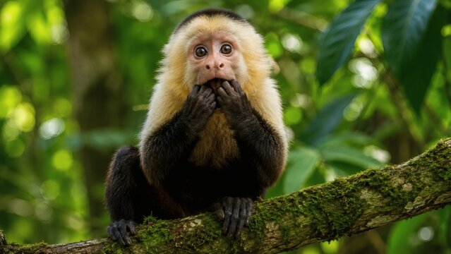 Capuchin monkey sitting on a tree branch in a lush tropical jungle.
