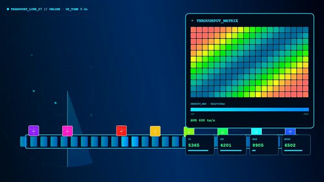 A digital data pipeline shows fluctuating network traffic in this animated user interface dashboard displaying constant information flow across multiple color coded grid matrix modules