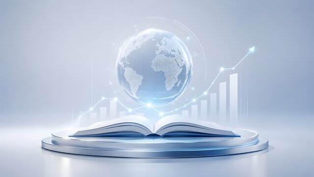 Open book on a podium with holographic glowing earth globe and upward graphs representing global education business research and knowledge growth