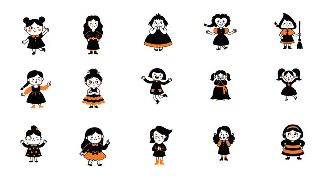 Collection of cute cartoon girl stickers dressed in gothic style outfits for halloween and spooky themed designs