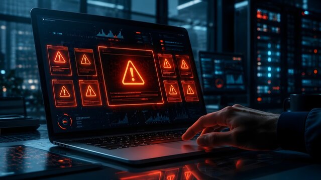 Person typing on laptop with multiple glowing red warning signs on digital screen representing cybersecurity threat alert and system network failure