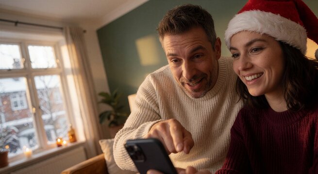Christmas laughter together as a man and woman share a moment looking at a smartphone in a cozy living room setting.