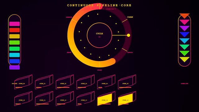 A digital data pipeline interface visualization shows multiple circular progress rings and geometric symbols glowing in bright neon colors against a deep dark black field