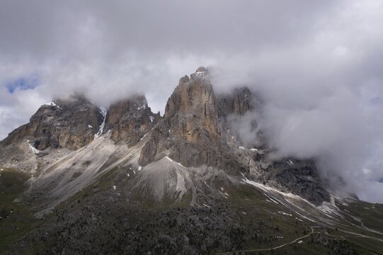 Aerial view, Sassolungo mountain from the back, Sella pass, South Tyrol, Italy