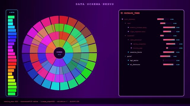A digital data pipeline interface displaying circular colorful charts and tree node structures across three separate monitoring screens for system performance tracking and complex software analysis