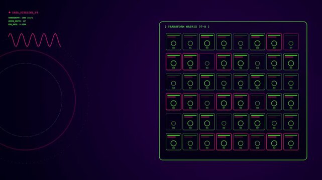 A digital data pipeline interface animation displays flickering grid arrays with neon wave monitors inside a sleek dark interface to visualize complex system network flows