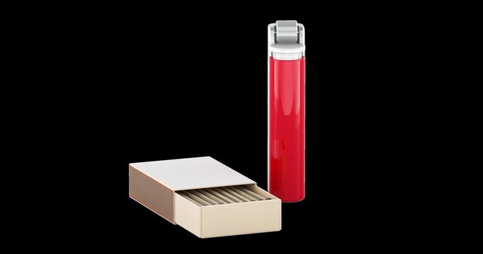 Red lighter and matchbox rotation animation seamlessly loopable. 3D rendering isolated on transparent background
