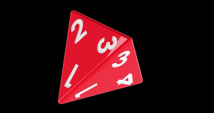 Red tetrahedral die rotation animation seamlessly loopable. 3D rendering isolated on transparent background