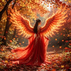 Fototapeta premium Fantasy woman wears red gown with large fiery phoenix wings in autumn forest. Mythical goddess stands among fall leaves, orange trees. Magical creature glows in golden sunlight, looking like spirit
