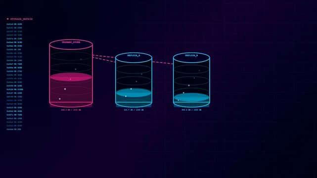 A digital data pipeline shows fluctuating storage volume levels as liquid cylinders fill and deplete in a dark virtual network simulation for modern cloud computing