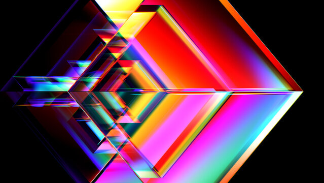 Abstract symmetrical geometric background with luminous glass cube and vivid prismatic colors. Futuristic geometric glass structure with intense spectral colors for creative visual projects. 3d render