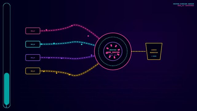 A digital data pipeline animation illustrates moving particle flows through circular nodes and glowing network paths within a deep dark purple computational interface environment setup