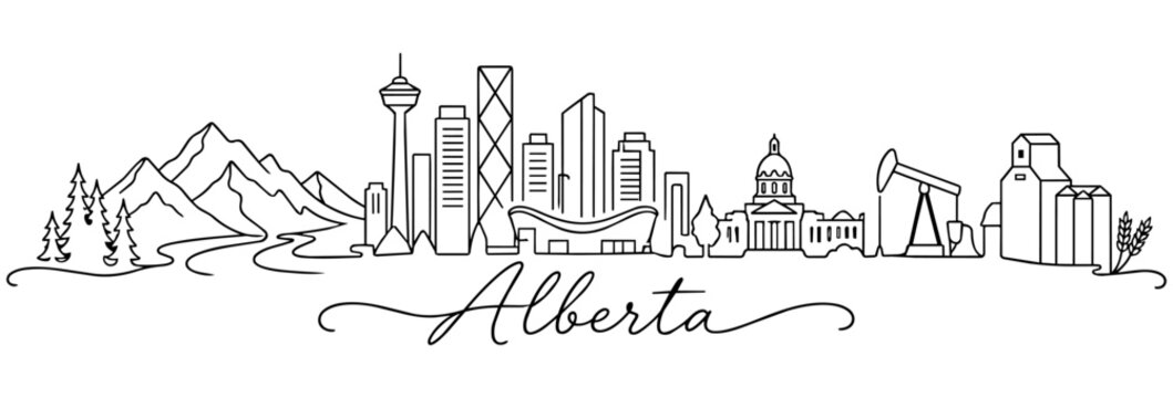 Alberta Canada Continuous One Line Landscape with City Skyline and Famous Landmarks