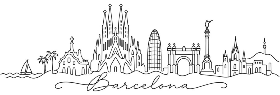 Barcelona Spain Skyline Continuous One Line Drawing with Famous Landmarks