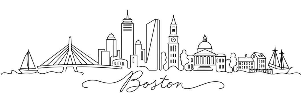 Boston Massachusetts Skyline Continuous One Line Drawing with Famous Landmarks