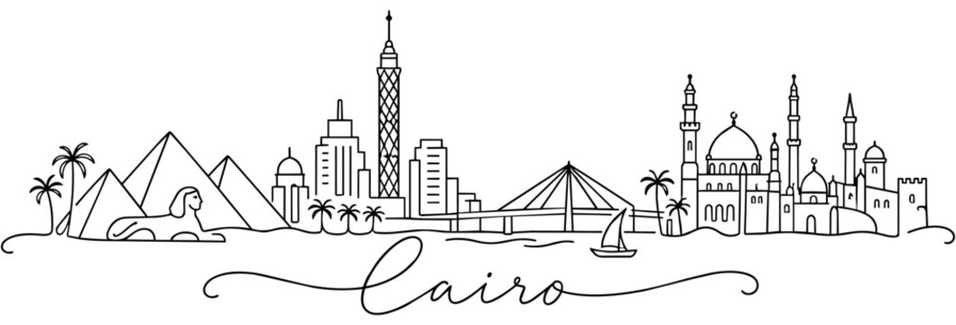 Cairo Egypt Skyline Continuous One Line Drawing with Famous Landmarks