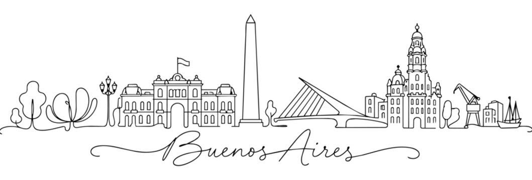 Buenos Aires Argentina Skyline Continuous One Line Drawing with Famous Landmarks