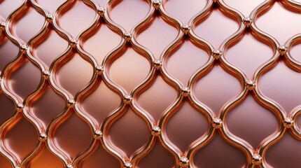 Naklejka premium Intricate copper metal pattern with glossy finish and detailed texture. This luxurious background design features repeating geometric grid with wavy lines and small spheres. Elegant and rich surface.