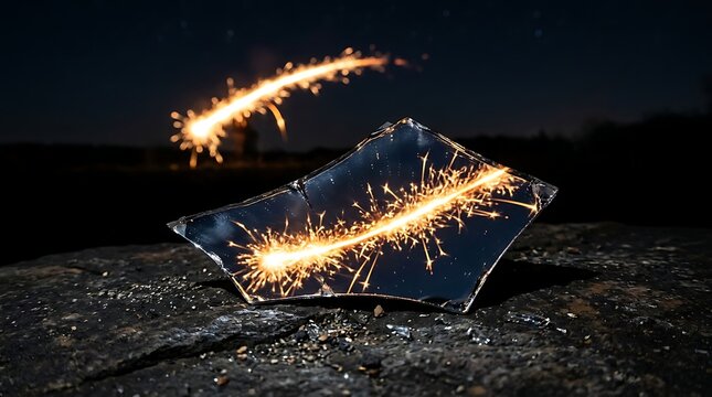 A broken glass with sparks flying through it at night, creating a dramatic and intense scene.