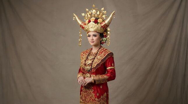Portrait of an Indonesian Woman Wearing Traditional Minangkabau Wedding Dress from West Sumatra