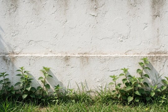 Textured white concrete wall with horizontal line. Green plants grow at the bottom near grass. Ample copy space is available for text or graphics. Outdoor urban setting with natural light.