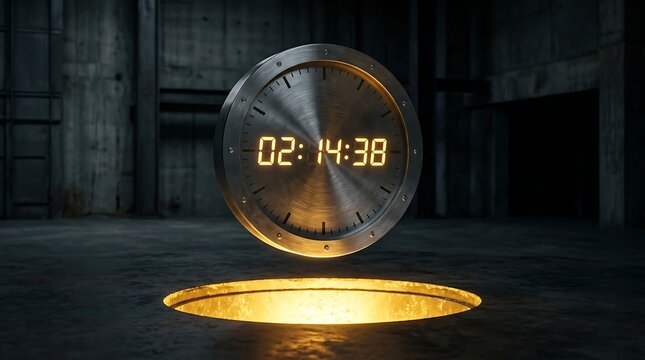 A countdown timer floats above a lit hole in a dark industrial room with a concrete floor and walls.