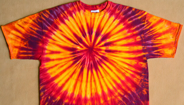 The tie dye features vibrant yellow, orange, red, and purple shades