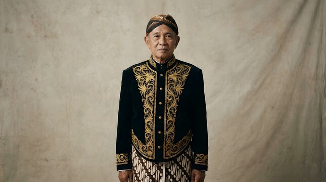 Elderly Javanese Man Wearing Traditional Beskap and Blangkon Attire from Central Java Indonesia