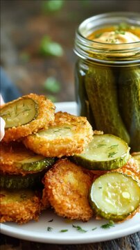 Crispy breaded cucumber slices with dill and a jar of pickles