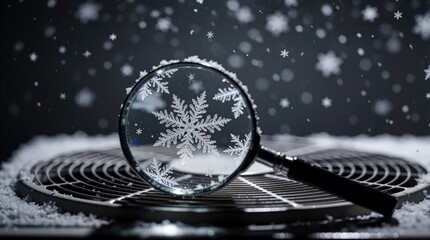 Obraz premium Magnifying glass examines intricate snowflake on metal grate covered in snow. Tiny ice crystals fall around, creating soft bokeh effect. Scientific observation of winter weather detail.