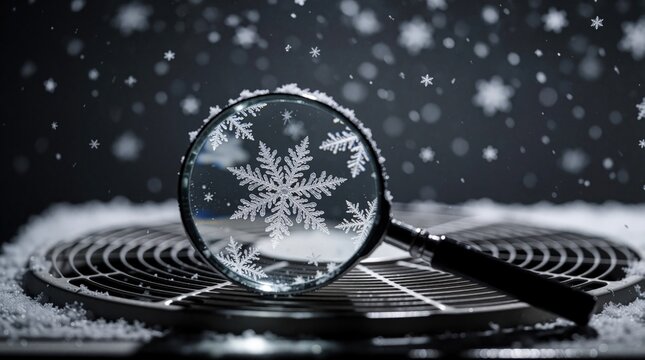 Magnifying glass examines intricate snowflake on metal grate covered in snow. Tiny ice crystals fall around, creating soft bokeh effect. Scientific observation of winter weather detail.