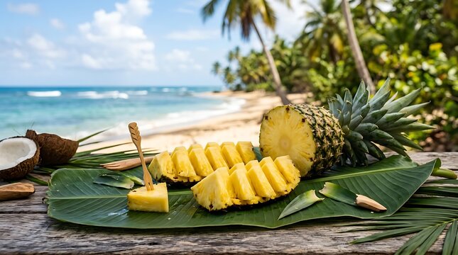 Fresh sliced pineapple and coconut pieces on a green leaf at a tropical beach with palms and ocean waves under a sunny sky