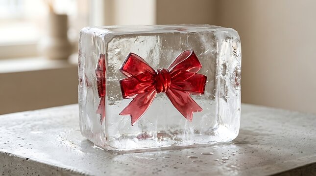 A clear ice cube with a red bow sits on a white surface in a bright room.