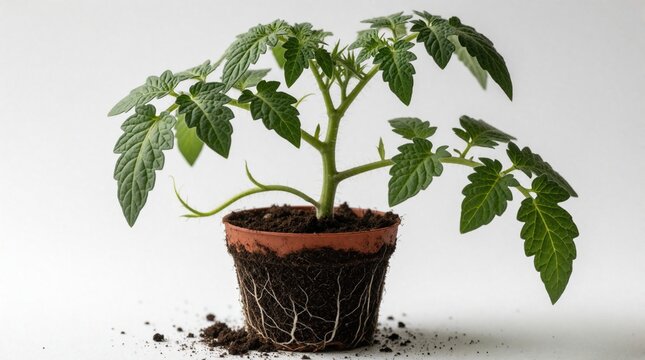 Young green tomato plant grows in small brown pot. Visible white roots, dark soil on white background. Small seedling shows healthy growth for organic farming home gardening project. Fresh vegetable