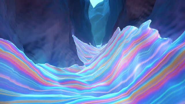 Iridescent Layered Landscape Filling a Glowing Canyon With Colorful Abstract Ridges