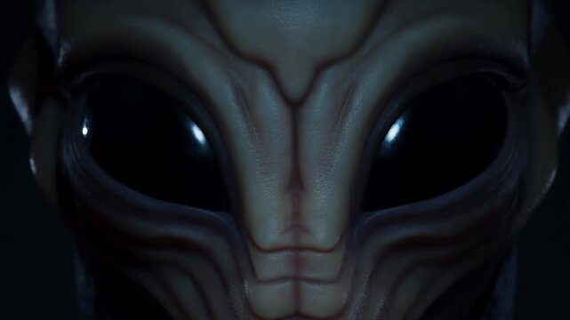 Menacing monster face with glossy eyes and sharp teeth in dark blue lighting