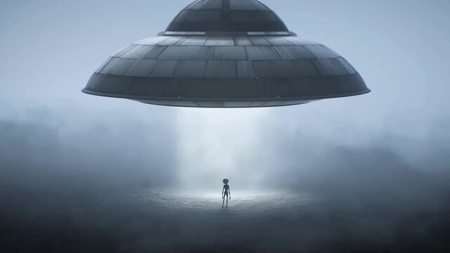 Alien standing beneath a hovering flying saucer in a foggy landscape