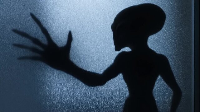 Person silhouette standing behind frosted glass with outstretched hand in blue light