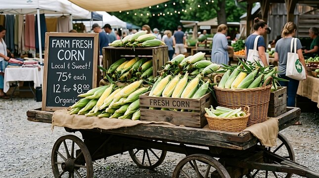 A rustic wooden cart displays fresh farm corn at an outdoor market with a chalkboard sign and shoppers in the background, capturing local agriculture
