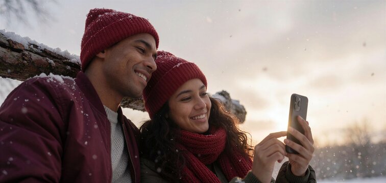 Young couple smiling while taking holiday Christmas photos outdoors in the snow, enjoying a winter moment together.