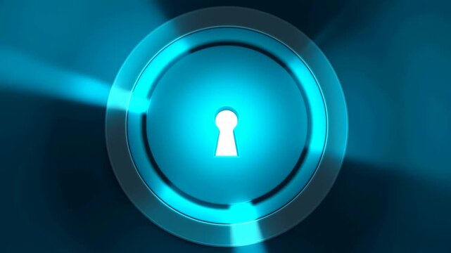 Glowing Keyhole Symbol on Blue Circular Lock with Light Rays