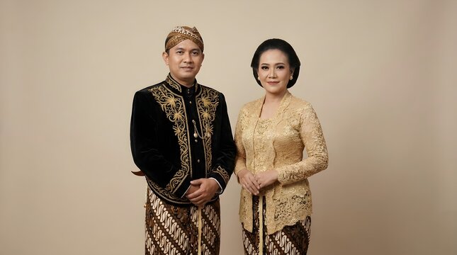 Portrait of Indonesian Couple Wearing Traditional Javanese Beskap and Lace Kebaya from Central Java