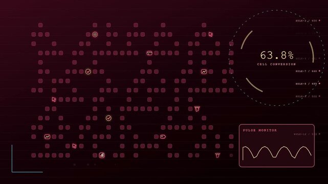 A conversion tracker interface displays digital growth as the percentage value increases while glowing grid elements pulse across this dark red minimalist monitor screen display setup